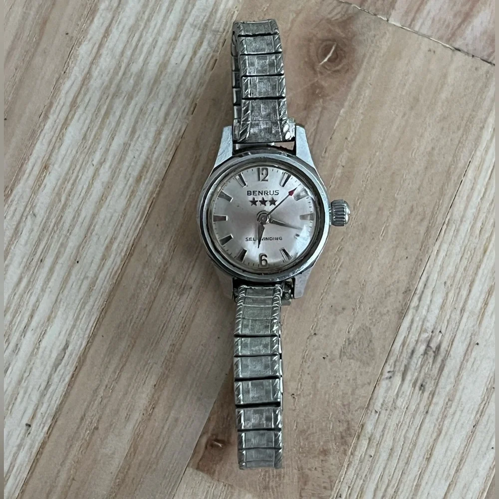 Benrus 3 Stars Ladies Watch Rare Vintage Self-Winding Silver Dial Stretch Band